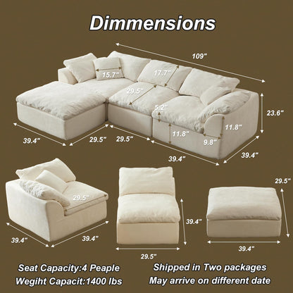 Oversized Cloud Couch Sectional Sofa for Living Room, Modular L Shaped Chenille Sofa with Chaise Lounge, Deep Seat Convertible Couch, Compressed No Assembly Floor Sofa (White)
