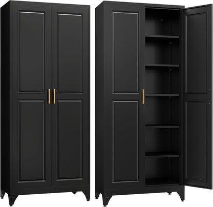 SteeLoong 75”Metal Pantry Storage Cabinet with Doors & 5 Adjustable Shelves | Kitchen Pantry Cabinet,Black Kitchen Cabinet with 2 Gold Handles,Tall Cabinet for Livingroom,Pantry, Bathroom,Kitchen,Garage