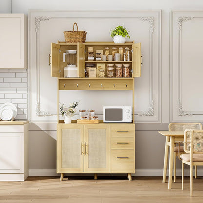 71" Tall Rattan Door Kitchen Pantry Cabinet, Freestanding Storage Hutch with 3 Drawers, 6 Hooks, Adjustable Shelves, Microwave Stand for Living Room, Kitchen