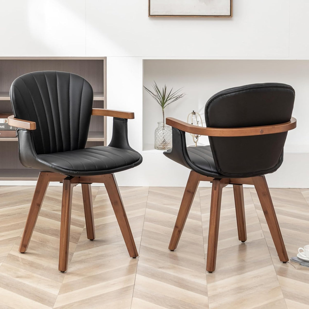 LUNLING Swivel Dining Chairs Set of 4, Mid Century Modern Black Faux Leather Kitchen Chairs with Arms,Bamboo Legs Side Chairs No Wheels,Accent Chair for Dining Rooms and Offices
