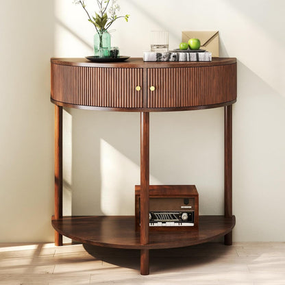 Entryway Table, Artisan-Crafted Half Moon Fluted Console Tables with 2 Rattan Storage,Small Half Circle Tables for Hallway, Narrow Round Accent Decort Table for Living Room (Brown)