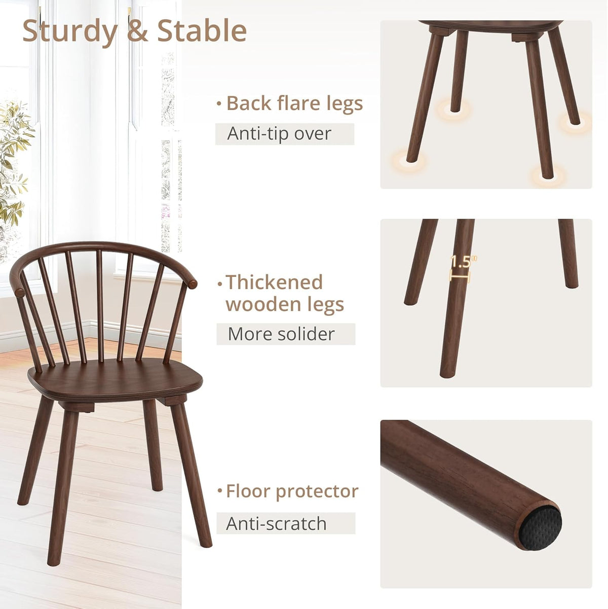 LUE BONA Walnut Dining Chairs Set of 2, Farmhouse Wood Dining Chairs with Semicircular Backrest, Spindle Dining Chair for Kitchen and Dining Room, 18 Inch