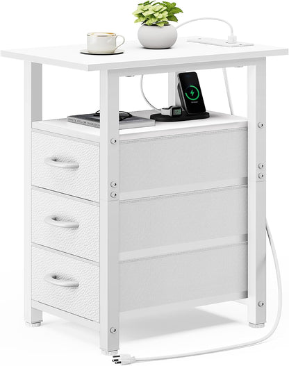 Vagusicc White End Table with Charging Station, Narrow Side Table, Narrow Nightstand with 3 Fabric Drawers, Slim Sofa Side Table for Small Spaces, Small Night Stand for Bedroom, White