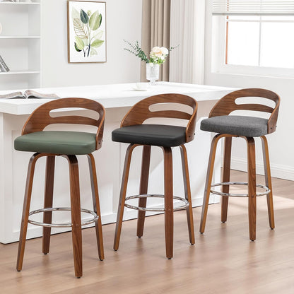 Swivel Bar Stools, 30 inch Mid Century Modern Bar Stools with Low Back | Solid Bentwood Frame, Walnut Finish, Wooden Legs, Faux Leather Upholstered Seat, Bar Chairs for Bar, Cafe, Pub, Restaurant