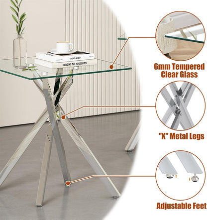 Modern Square End Table with Glass Top, Glass End Side Table for Living Room Office, 17.72 x 17.72 x 20.87 inches, Silver Metal X-Base, Adjustable Feet (1, Silver)