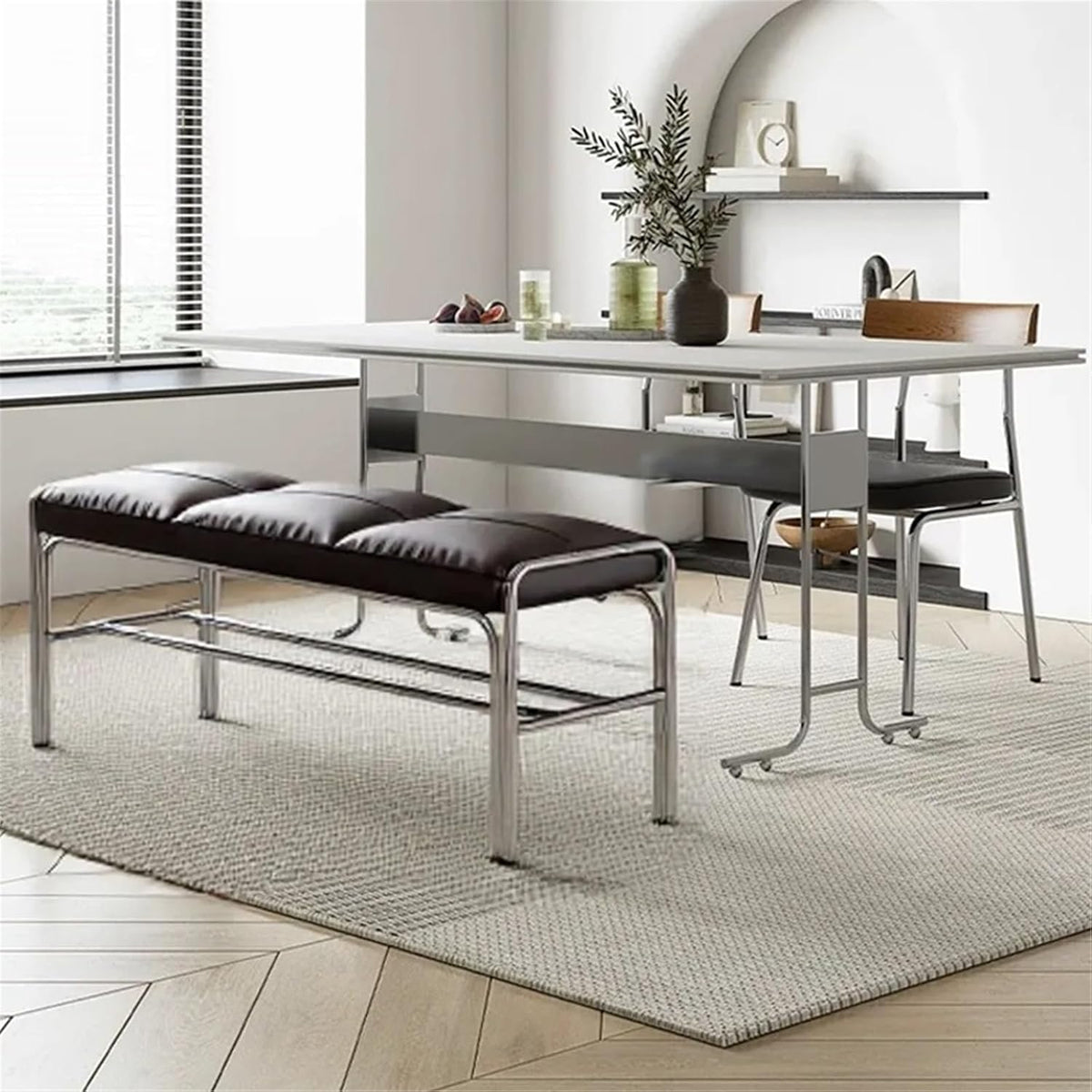 Modern Stainless Steel Long Bench with White Leather Cushion Home-use Soft-Padded Shoe Changing Stool Entryway(Medium)