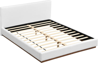 Christopher Knight Home Bettine Modern Boucle Queen Size Bed Frame with Headboard, Solid Wood Queen Bed Frame, Slat Panel Support Platform Bed, No Spring Box Needed, Heavy Duty, White+Brown