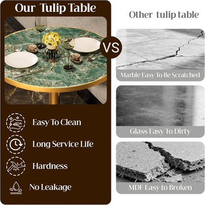 31.5" Tulip Table, Small Modern Round Dining Table for 2-4, Sintered Stone Circle Dining Tables with Golden Metal Pedestal Base, Tulip Tables for Kitchen/Cafe/Small Spaces/Restaurant (Verde Alpi)