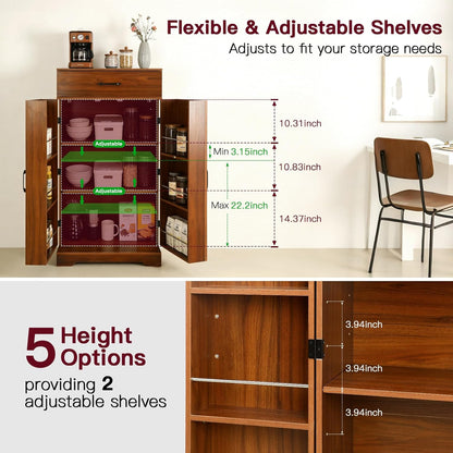 CypherX 47" Farmhouse Brown Kitchen Pantry Storage Cabinet for Dining Room | Rustic sideboard buffet cupboard; doors with shelves & smooth drawer; 47" tall pantry; 5-level adjustable storage shelves