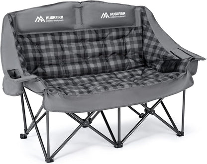 Huskfirm Padded Double Camping Chair High Back 2 Person Camping Chair Oversized Camping Loveseat Support 800LBS Heavy Duty Camping Couch with Cup Holders, Cooler, Carry Bag, Grey