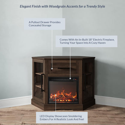 BELLEZE 43" Corner TV Stand with 18" Electric Fireplace Heater for TVs up to 43", Modern Corner Wood Entertainment Center with Glass Door Storage Cabinets - Dale (Dark Walnut)