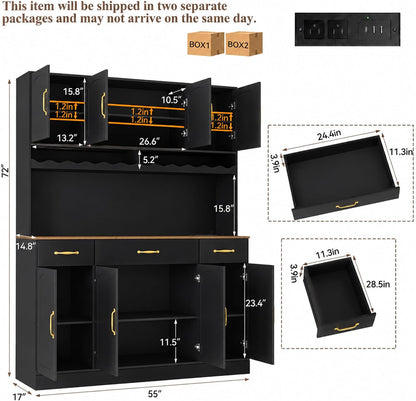 Black 72" Tall Kitchen Pantry Cabinet with Charging Station 55" Wide Hutch Cabinet with LED Light and Countertop Large Kitchen Cabinet with Adjustable Shelves and Wine Rack