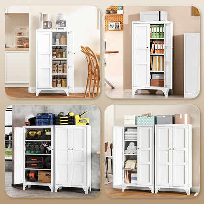 Yizosh Metal Storage Cabinet with Doors and 3 Adjustable Shelves - 47" White Kitchen Pantry Storage Cabinet Locker for Kitchen,Living Room,Dining Room