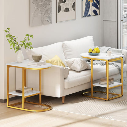 Giantex C Shaped End Table Set of 2, Modern Sofa Side Table with Faux Marble Tabletop & Storage Shelf, Slide Under Sofa Bed, 2-Tier Couch Table for Small Spaces Living Room Bedroom, White