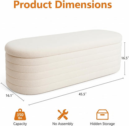 Teddy Sherpa Storage Ottoman Bench End of Bed, White | Modern Boucle, Oval Design, Safety Hinge Lid, Hidden Storage, Window Seat, Living Room, Bedroom, Entryway, No Assembly