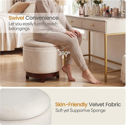 GIANTEX Round Ottoman with Storage, 360° Swivel Velvet Vanity Stool with Removable Lid, Wood Frame & Legs, Ottoman Foot Rest for Living Room, Bedroom, Makeup Room No Assembly (White & Walnut)