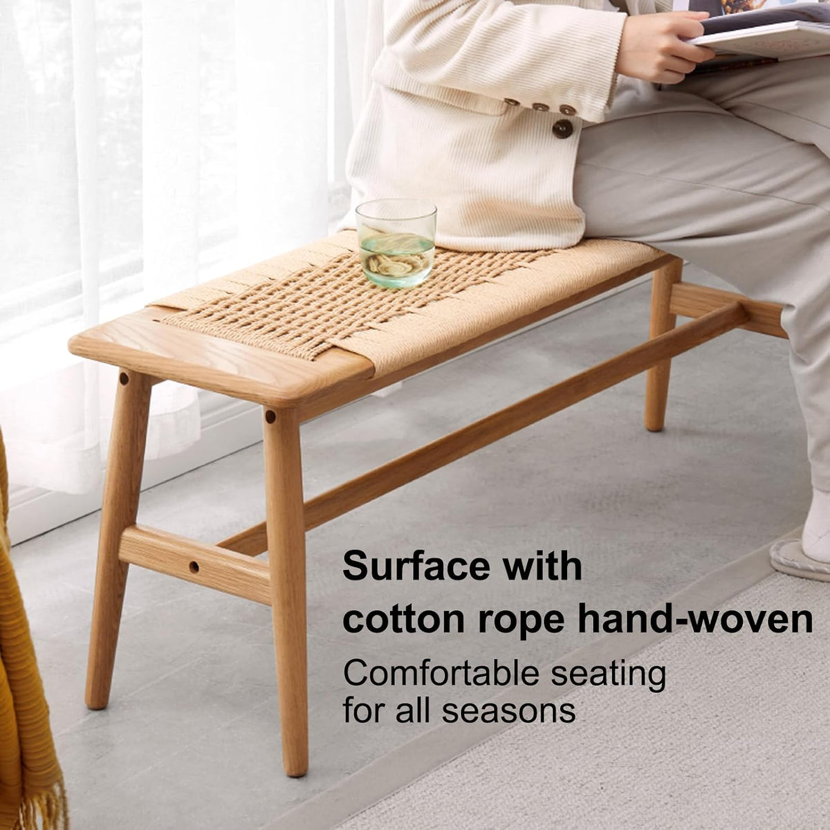 100% Solid Oak Farmhouse Entryway Bench, Wooden Bench Indoor with Hand Woven Rope Surface Design, Wood Bench for End of Bed with Solid Structure(Natural, 43.31" Wx11.81 Dx15.98 H)
