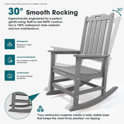 THOEOE Outdoor Rocking Chairs Set of 2, Oversized Patio Rocking Chair | HDPE Outdoor Rockers for Front Porch, Patio, Backyard, Balcony and Garden. All-Weather High Back Design, Gray