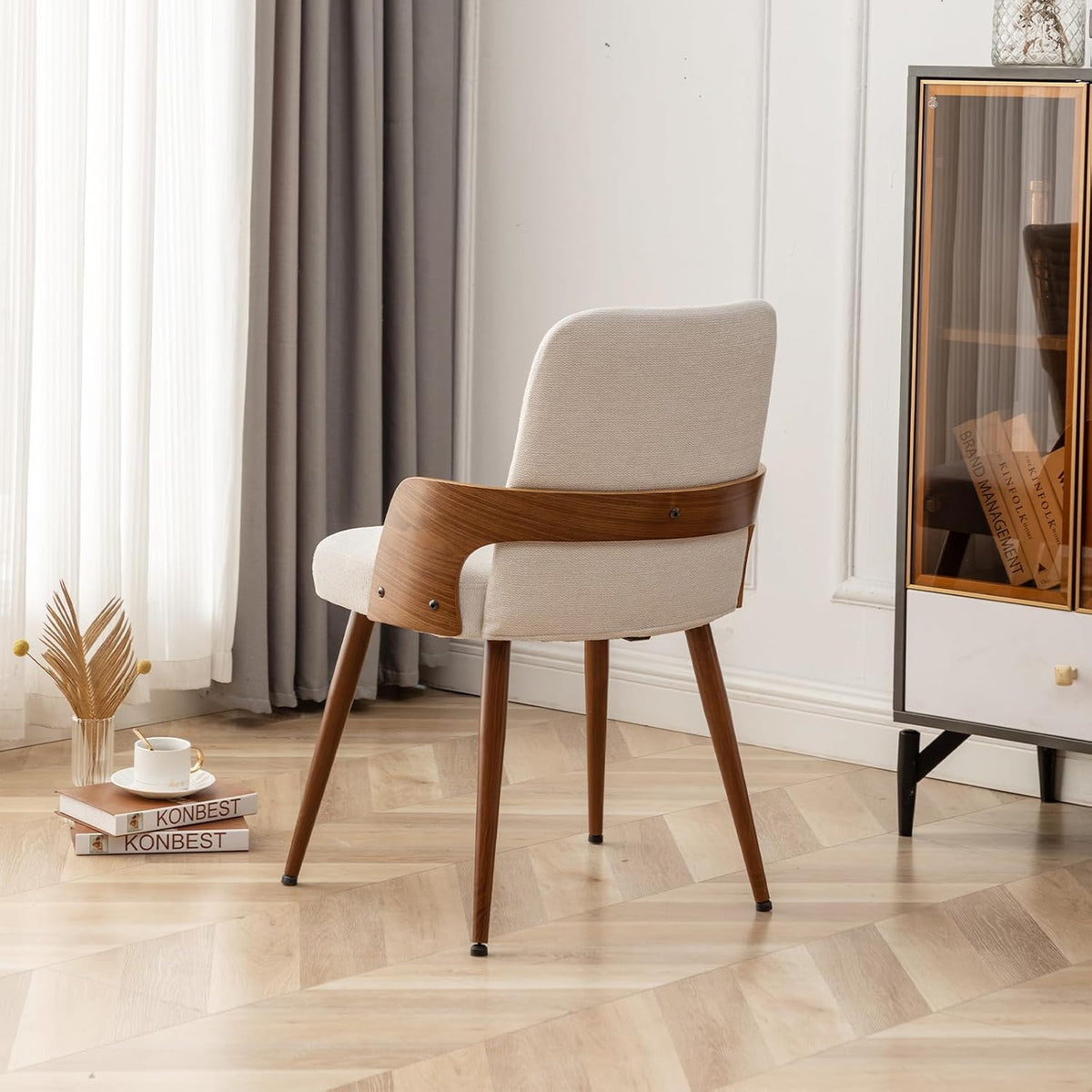 Dining Room Chairs,Mid Century Modern Kitchen Chairs,Upholstered Beige Fabric Accent Chairs,Metal Legs Wooden Desk Chairs Armless and No Wheels for Kitchen Dining Living Room,1PCS
