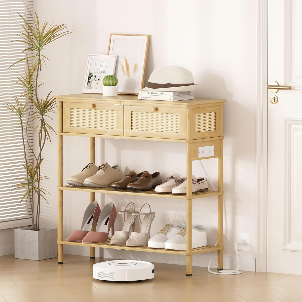 Entryway Table Sofa Console Table, Bamboo Small Entry Way Table with Drawers Storage and Power Outlets for Living Room, Hallway, Foyer, Entrance