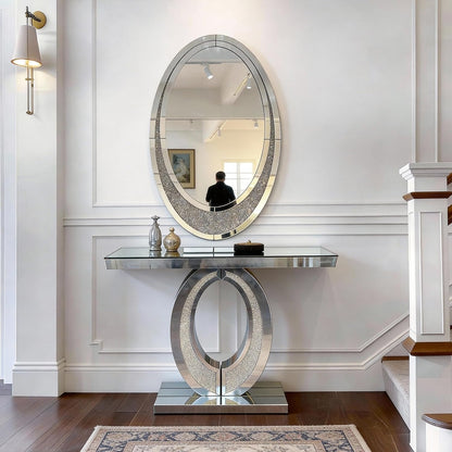 2 Piece Mirrored Console Table & Oval Wall Mirror Set, 39.5" Silver Entryway Sofa Table with Crystal-Inlaid Olive-Shape Base and Crush Diamond Round Wall Mirror Set for Entryway Hallway Entrance