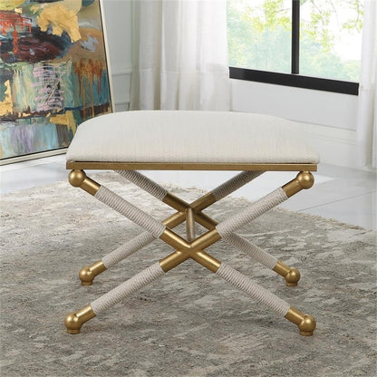 BOWERY HILL Contemporary Small Bench, 24"x17"x20.25", Iron Base Gold Leaf Finish, White Polyester Upholstery, Braided Rope Detailing, Living Room Seating or Accent Piece