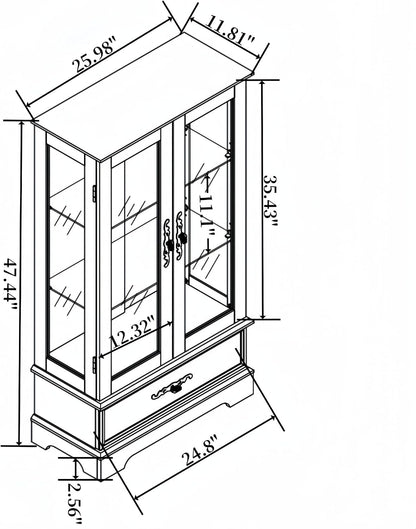 47" Lighted Glass Accent Curio Cabinet, 3-Tier Antique Storage Cage with Adjustable Shelves & Drawer, Acrylic Mirrored Pane, Light Blub Included, Small China Cabinet for Living Room/Kitchen (Black)
