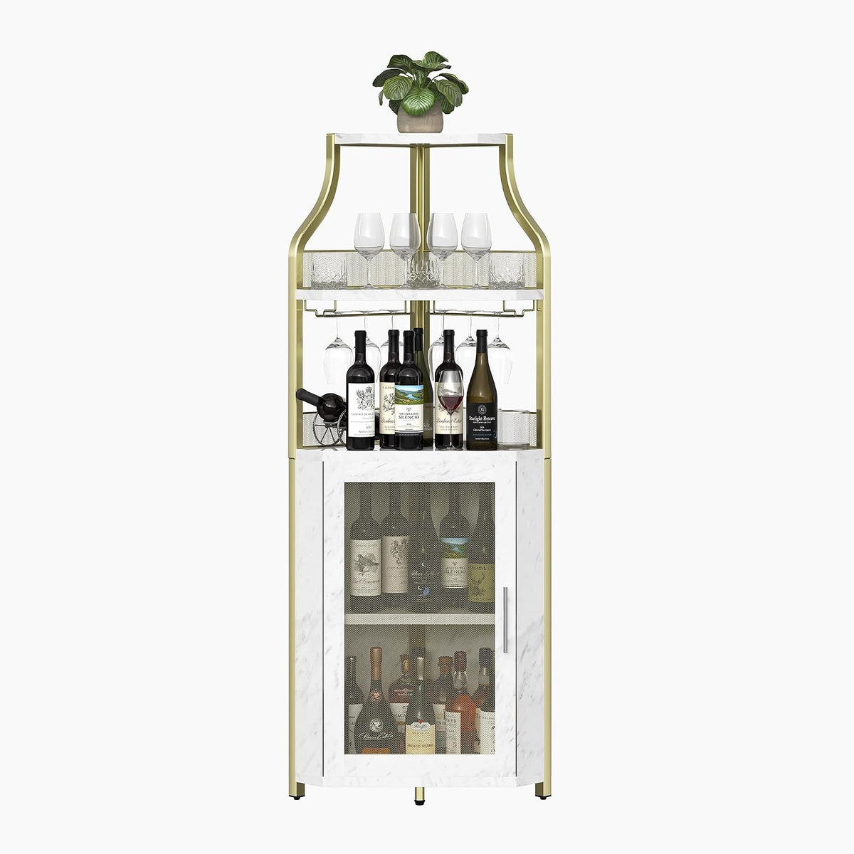 GarveeHome Corner Wine Cabinet with Detachable Wine Rack, 5-Tier Industrial Corner Bar Cabinet with Barn Door and Glass Holder, Farmhouse Buffet Cabinet and Home Bar, Gold