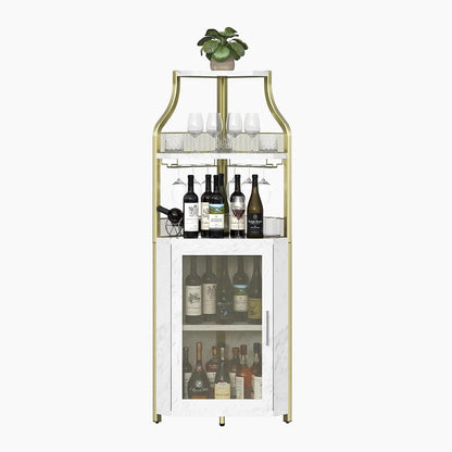 GarveeHome Corner Wine Cabinet with Detachable Wine Rack, 5-Tier Industrial Corner Bar Cabinet with Barn Door and Glass Holder, Farmhouse Buffet Cabinet and Home Bar, Gold