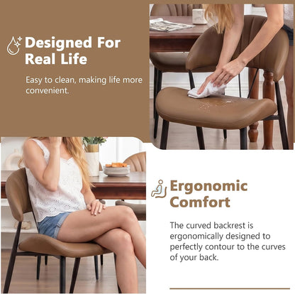 PU Leather Dining Chairs Set of 4, Mid Century Modern Dining Chairs with Stitching, Upholstered Kitchen & Dining Room Chairs with Curved Back and Black Metal Legs (Brown)