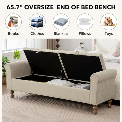 65" Oversize Storage Ottoman Bench, Fleece Upholstered End of Bed Benches with Rolled Armrest, Modern King Size Benches with Rolled Armrest, Window Bench (Griege+Dual-Cover)