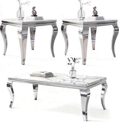 3-Piece Faux Marble Coffee Table Set with Silver Stainless Steel Legs | Modern Rectangular Center Table and 2 Square End Tables for Living Room, Office