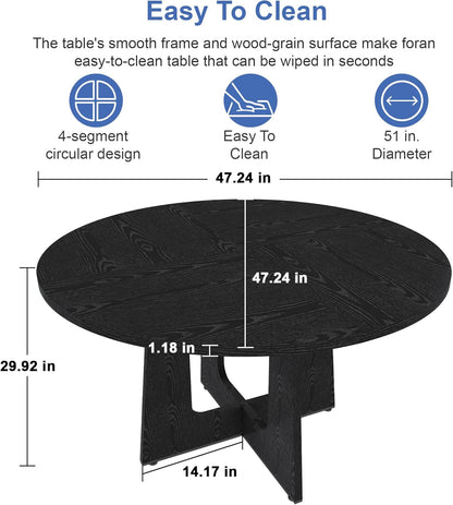 Round Farmhouse Dining Room Table for 6, 47" MDF Circle Kitchen Table with Wood Grain Finish, Wooden Kitchen and Dining Table for Dining Room, Kitchen, Living Room, Black