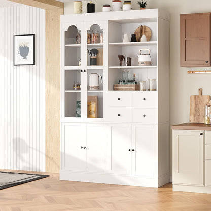 Virubi 75 Inch Tall Kitchen Pantry Storage Cabinet with Glass Doors, Freestanding Buffet with Hutch 4 Drawers&Built-in Door Shelves&Pull-Out Trays for Dining Room, Food Pantry for Living Room (White)