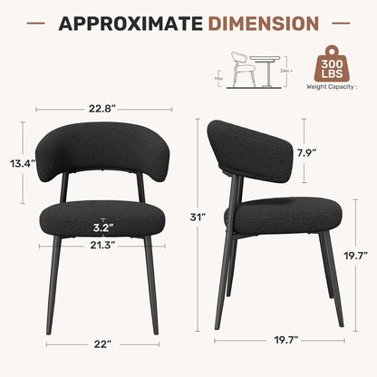 Dining Chairs Set of 4, Mid Century Modern Kitchen Chairs, Boucle Upholstered Dining Chair with Curved Backrest & Metal Legs for Kitchen Dining Room, Black