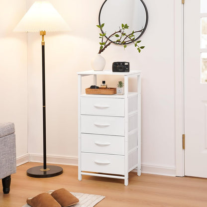 Yoobure Night Stand - LED White Nightstand with Charging Station, Bedside Table with 4 Storage Drawers and Storage Shelf, End Table with USB Ports and Outlets, Tall Nightstand for Bedroom