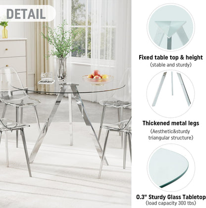 Round Dining Table Set for 4, 39" Clear Tempered Glass Table with Sliver Metal Legs and 4 Transparent Acrylic Chairs, Compact Modern Kitchen Table Set for Small Space Dining Room (Sliver)