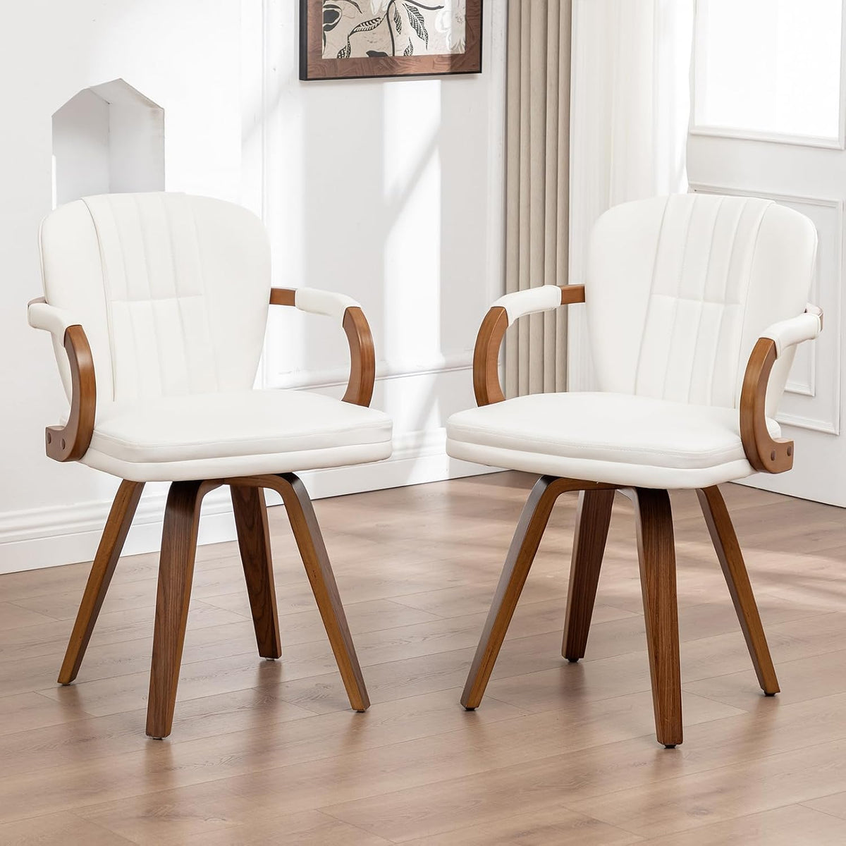 Swivel Dining Chairs Set of 2 Mid Century Modern White Faux Leather Upholstered Kitchen Chairs with Bentwood Frame Armrests Side Chairs,Comfortable Ergonomic Wood Accent Chair No Wheels