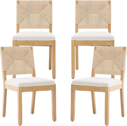 French Country Dining Chairs Set of 4, Beige Farmhouse Wood Dining Room Chairs, Woven Back Linen Upholstered Dining Chair, Solid Wood Legs, Boho Style Kitchen Chairs, Sillas de Comedor