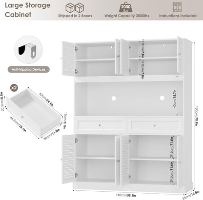 HIFIT 71“HX55“W Large Pantry Cabinet for Food Storage, Farmhouse Kitchen Hutch with Storage Drawers, Tall Kitchen Pantry Cabinet with Microwave Stand for Dining Living Room, White
