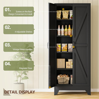RAVIGIN Farmhouse Storage Cabinet,75" H Metal Pantry Cabinet with Barn Doors and Adjustable Shelves,75" H 6-Tier Rustic Pantry Organizers for Kitchen,Dining Room,Black