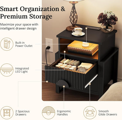 LGHM Set of 2 Fluted Nightstand with Charger Station Strip Lights, 20.47" W Night Stand with 2 Drawers, Large Accent Bed Side Table and End Table, Large Open Cubby, Raising H Legs,Black