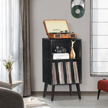 Lerliuo Record Player Stand, Black Turntable Stand Holds up to 160 Albums | Mid-Century Vinyl Storage Cabinet Table,Solid Wood Legs, Record Player Holder Dispaly Shelf for Bedroom Living Room