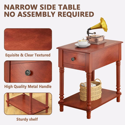 ROOMTEC Solid Wood End Table with Drawer and Shelf, Narrow Side Table Living Room, Vintage Wood Narrow Sofa Side Table, Nightstand for Bedroom, 14" W x 22" D x 24.8" H