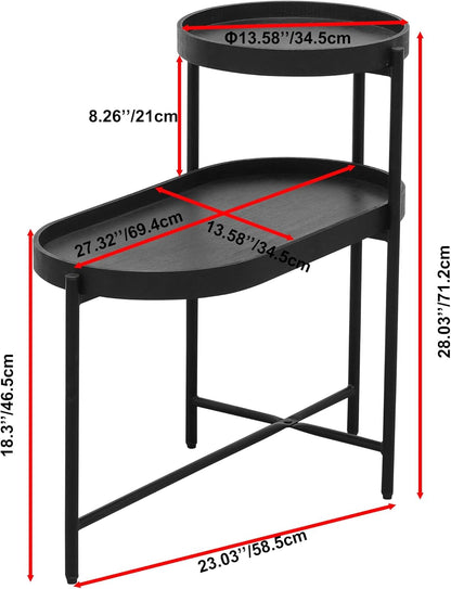 2 Tier Side Table with Storage Shelve Small Sofa Table Modern Metal End Table Coffee Table with Wooden Tray Top, Black
