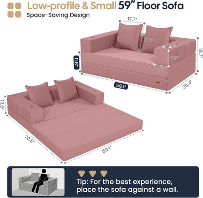 COMAX Futon Sofa Bed, Convertible Sofa Bed, Folding Couches | Low-Profile Small Couch for Living Room, 11.8" H Low Seat 59" Foldable Floor Sofa Lounge Space‑Saving