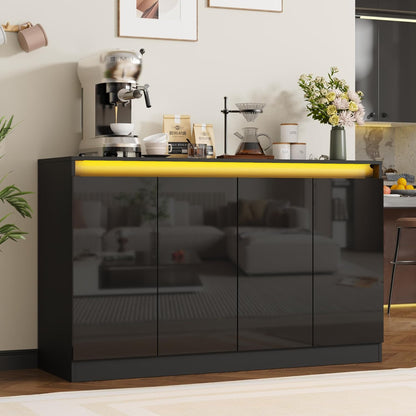 Furnify 51" W Buffet Cabinet with 4 Doors, High Gloss Sideboard Coffee Bar with LED Lights & Charging Station, Handless Modern Sideboard Storage Cabinet for Living Room, Entryway, Black