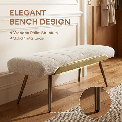 CIMOTA Mid-Century Modern Upholstered Bench, Upholstered Boucle Ottoman Bench with Solid Wood Trim and Bronze Metal Legs, 49.5" Accent Bench for Bedroom, Entryway, Living Room, End of Bed, Beige