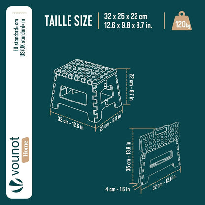 VOUNOT® Folding Step Stool, Portable Stepping Stool with Carrying Handle, Anti-Slip Folding Stool for Bathroom, Garden, Camping, Home, 32 x 25 x 22 cm, Black