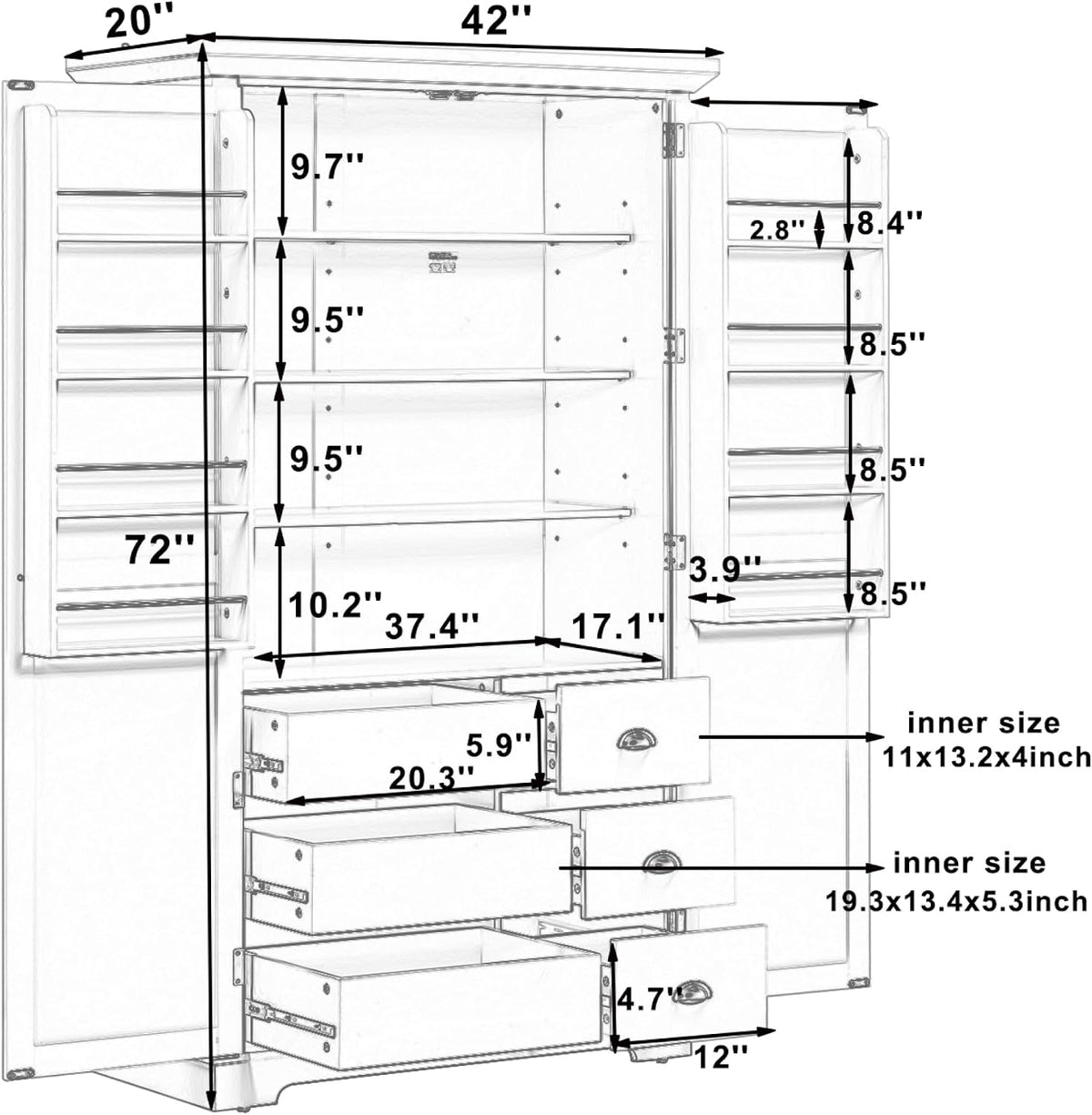 roomfitters 72" Kitchen Pantry Organizers and Storage Kitchen Cabinet, Hutch with Door Spice Racks and 6 Drawers, White